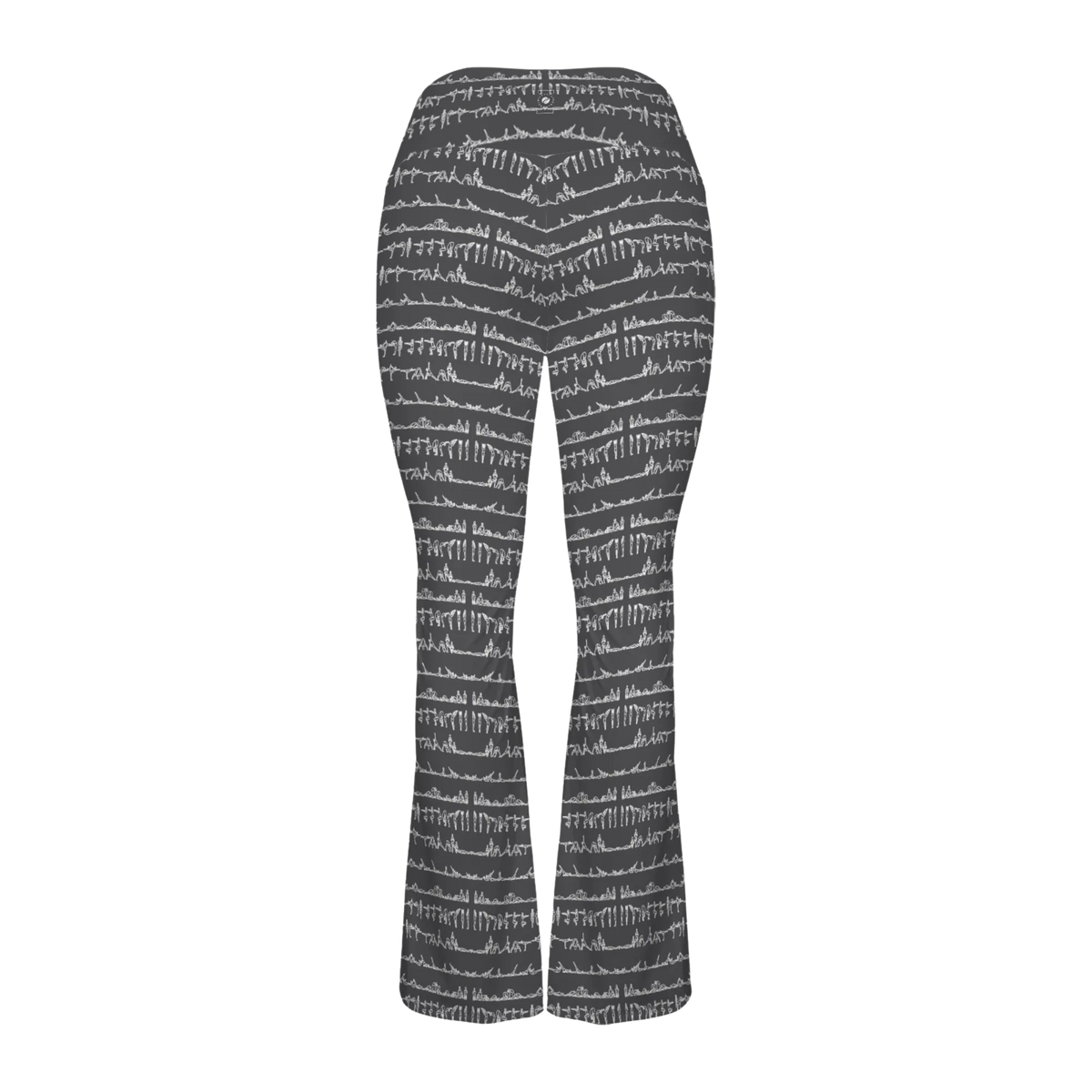 Bikram Ember Cross Waisted Flair Leggings in grey with white yoga pose print; flared legs and crossover waistband design.
