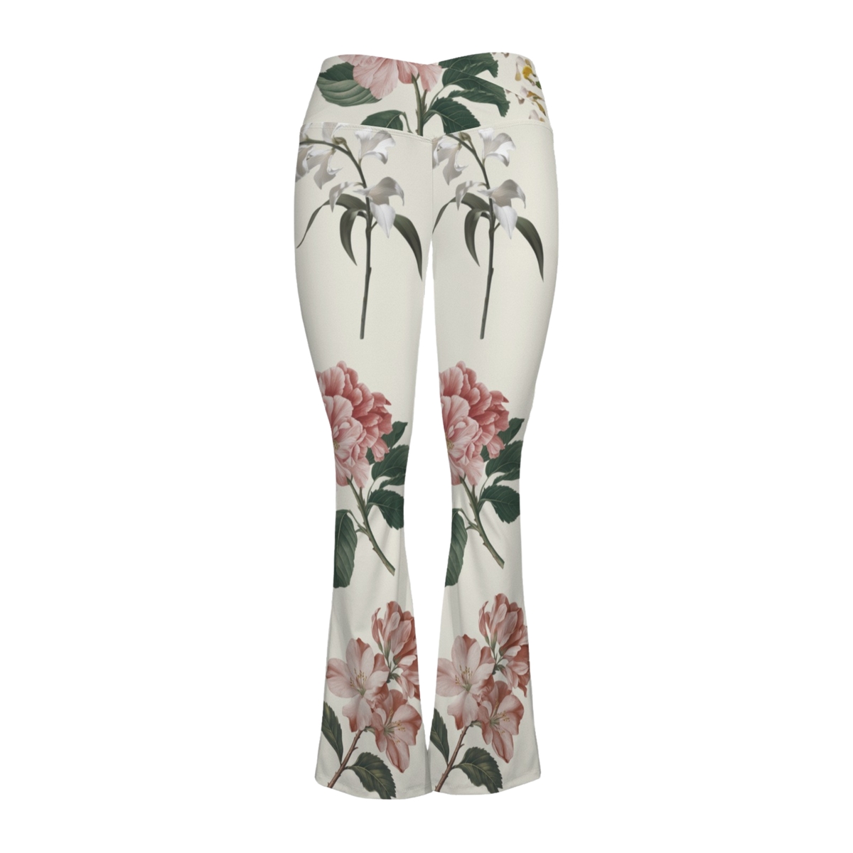 Botanicals - Cross Waisted Flair Leggings featuring a floral print in soft pink and cream, with a crossover waistband and flared hem.