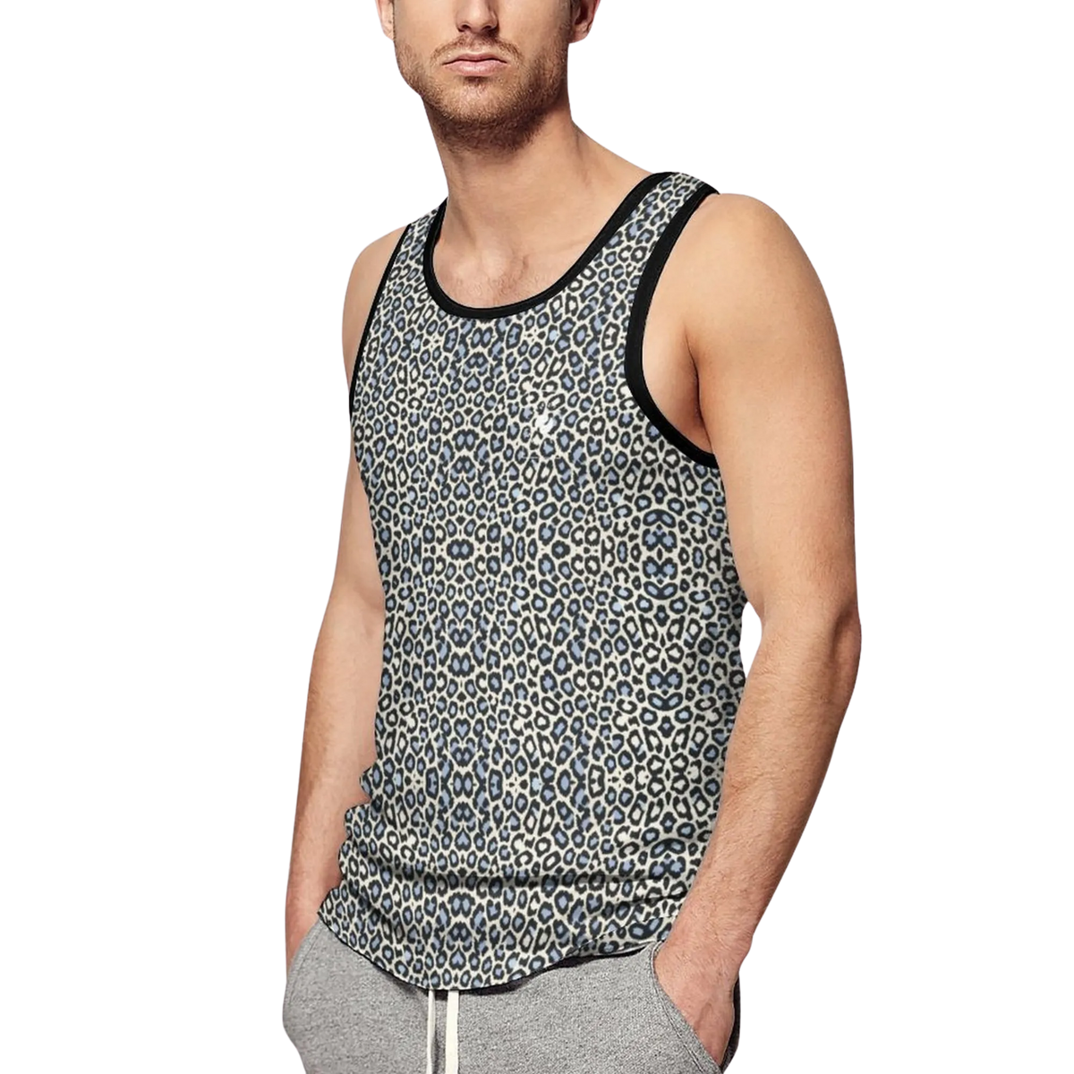 Wild Leopards iSquared Tank Top featuring a classic leopard print in golden and black, styled with gray joggers.