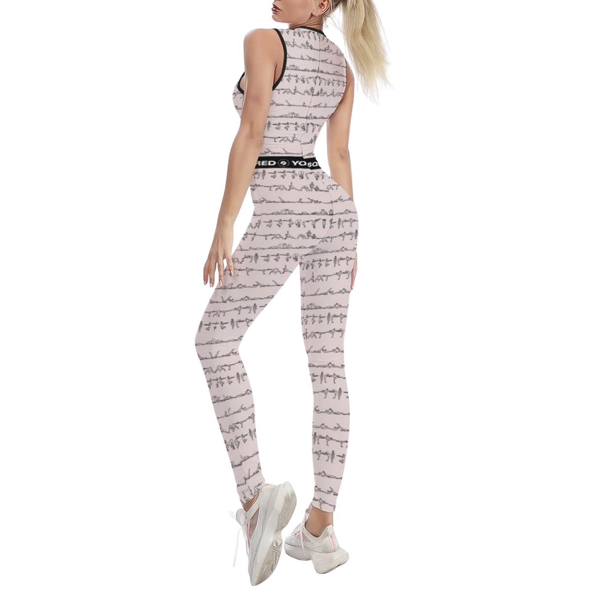 Sleeveless pastel pink jumpsuit with an elegant body-hugging fit and unique design. Pairing with white sneakers.