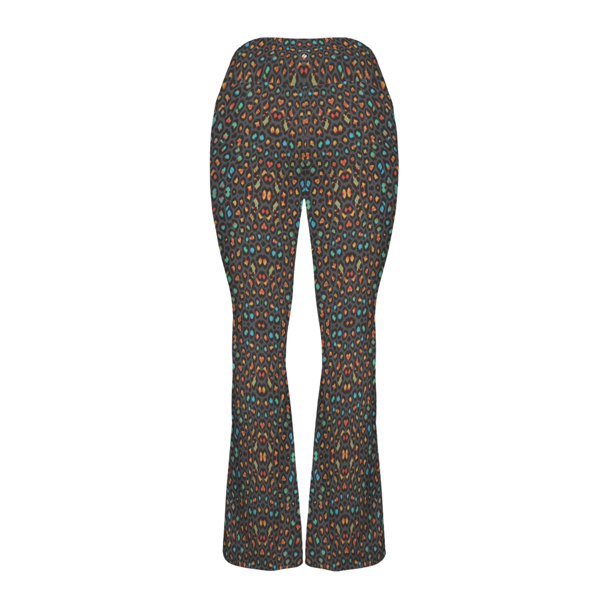 Cross waisted flair leggings featuring a vibrant, multi-colored leopard print with a snug fit and flared leg design.