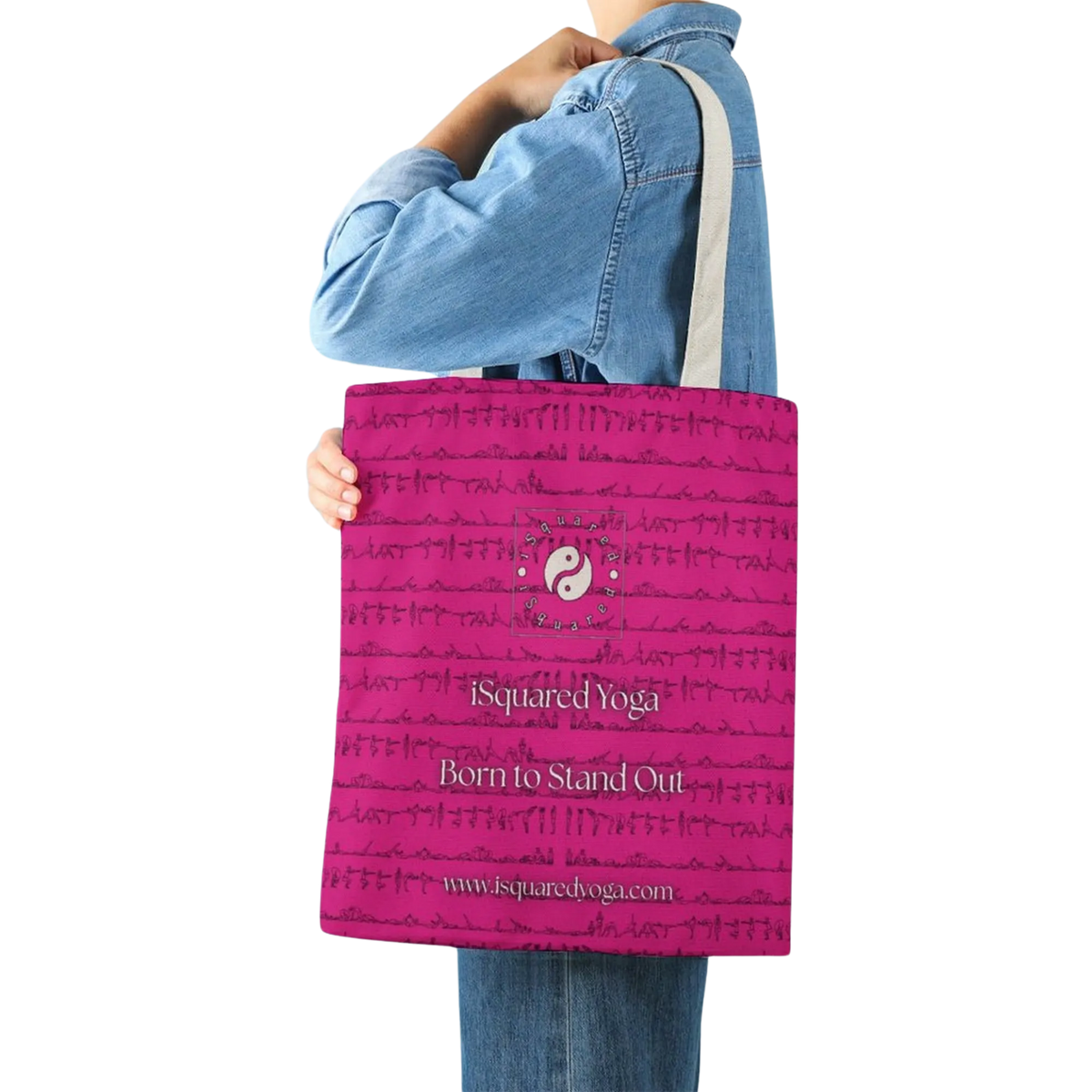 iSquared Tote Bag featuring a vibrant pink, double-sided design with yoga postures and logo, carried over the shoulder.