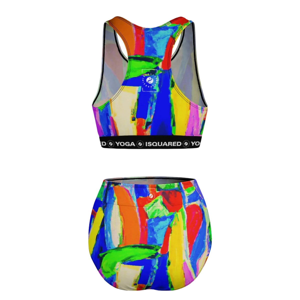 Brightly colored hot yoga bikini set featuring an abstract paint-like pattern. Includes a racerback sports bra and high-waisted bottoms.
