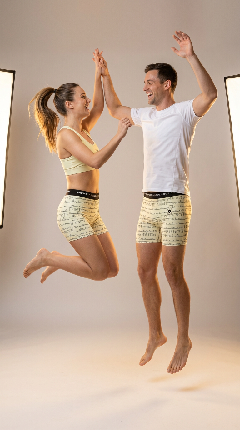 Unisex yoga shorts in creamy yellow with a whimsical pattern, worn by a woman and man, both jumping joyfully.