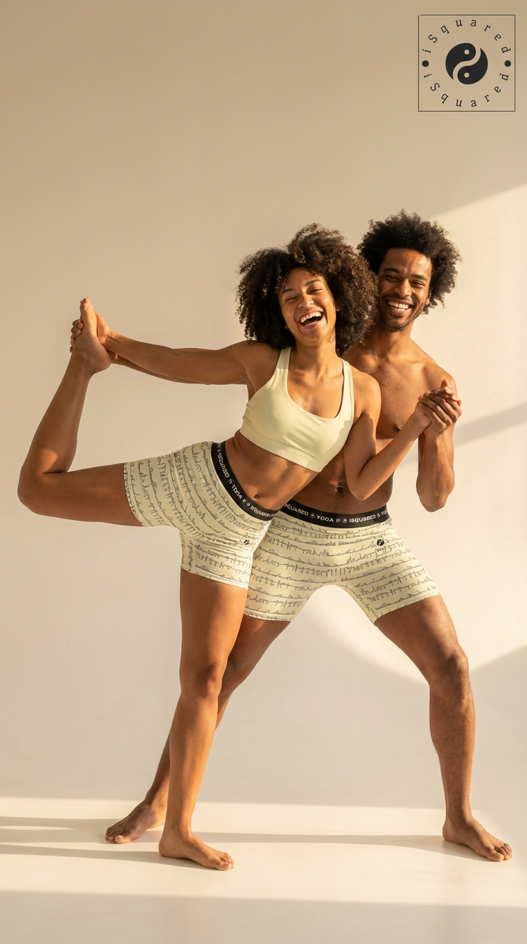 Unisex Bikram Pastel yoga shorts in a light pastel pattern, worn by a laughing couple in a playful pose.