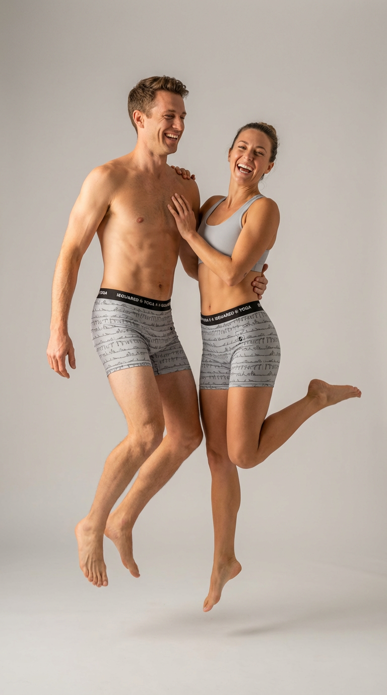 Unisex iSquared Yoga Shorts in a pastel grey print, worn by a couple, feature a wide elastic waistband and a snug fit.