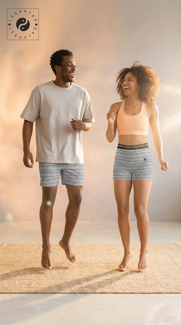 Unisex iSquared Yoga Shorts in pastel grey with a playful pattern, paired with a light pink sports bra, shown in a joyful dance.