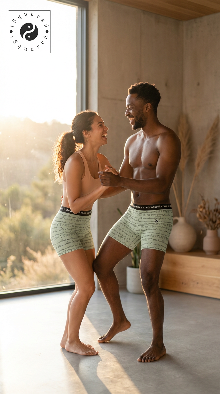 Bikram Pastel iSquared Yoga Shorts shown on a smiling couple, featuring a soft green pattern, unisex cut, and comfortable waistband.