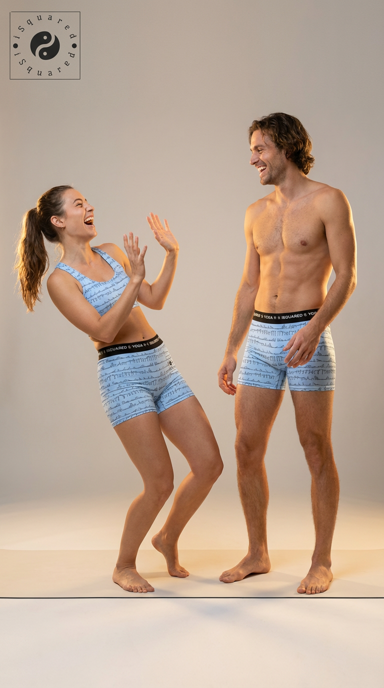 Unisex iSquared Yoga Shorts in pastel blue with a playful print, featuring a wide black waistband for comfort.