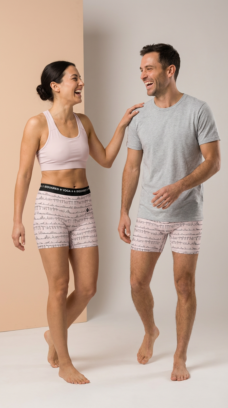 Unisex Bikram Pastel shorts in soft pink with a yoga illustration pattern, worn by a woman and a man, both smiling.