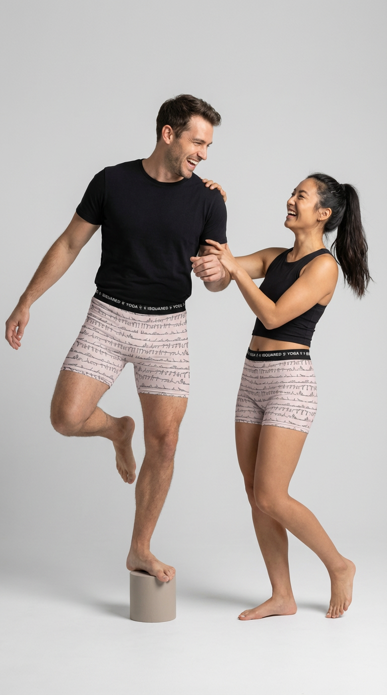 Bikram Pastel iSquared Yoga Shorts in soft pastel colors, featuring a subtle yoga posture print and wide elastic waistband.