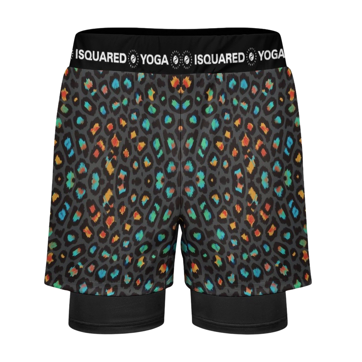 Compression yoga shorts in vibrant multi-colored leopard print on a black background, featuring an elastic waistband.