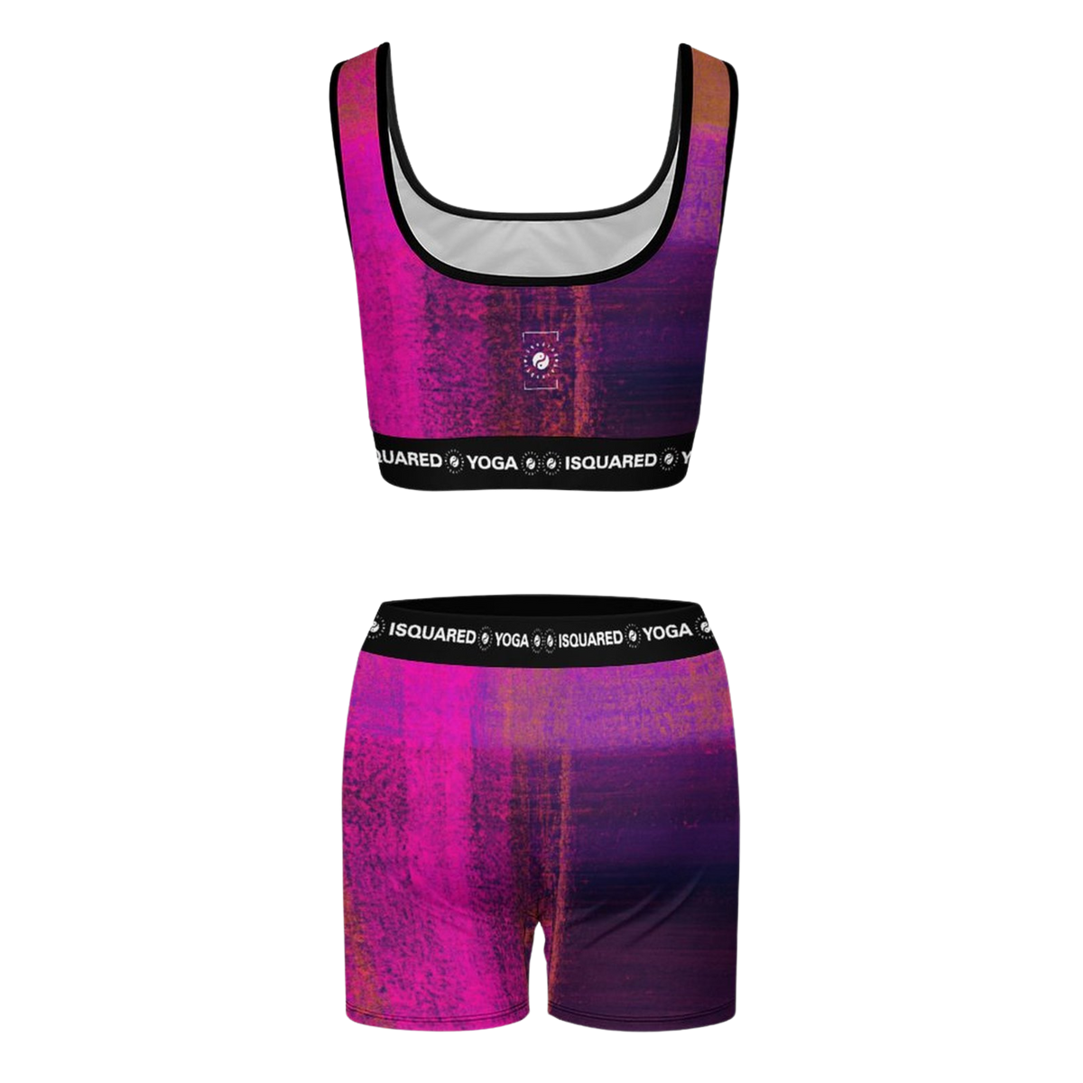Vibrant purple and pink iSquared Yoga Set featuring a scoop-neck sports bra and matching mid-rise shorts.