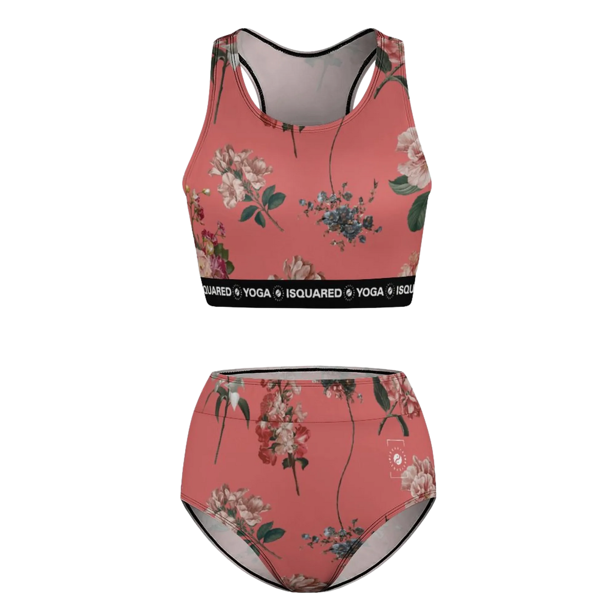 Hot Yoga Bikini Set in a pink floral pattern. Features a sports bra with a logo band and high-waisted bikini bottoms.
