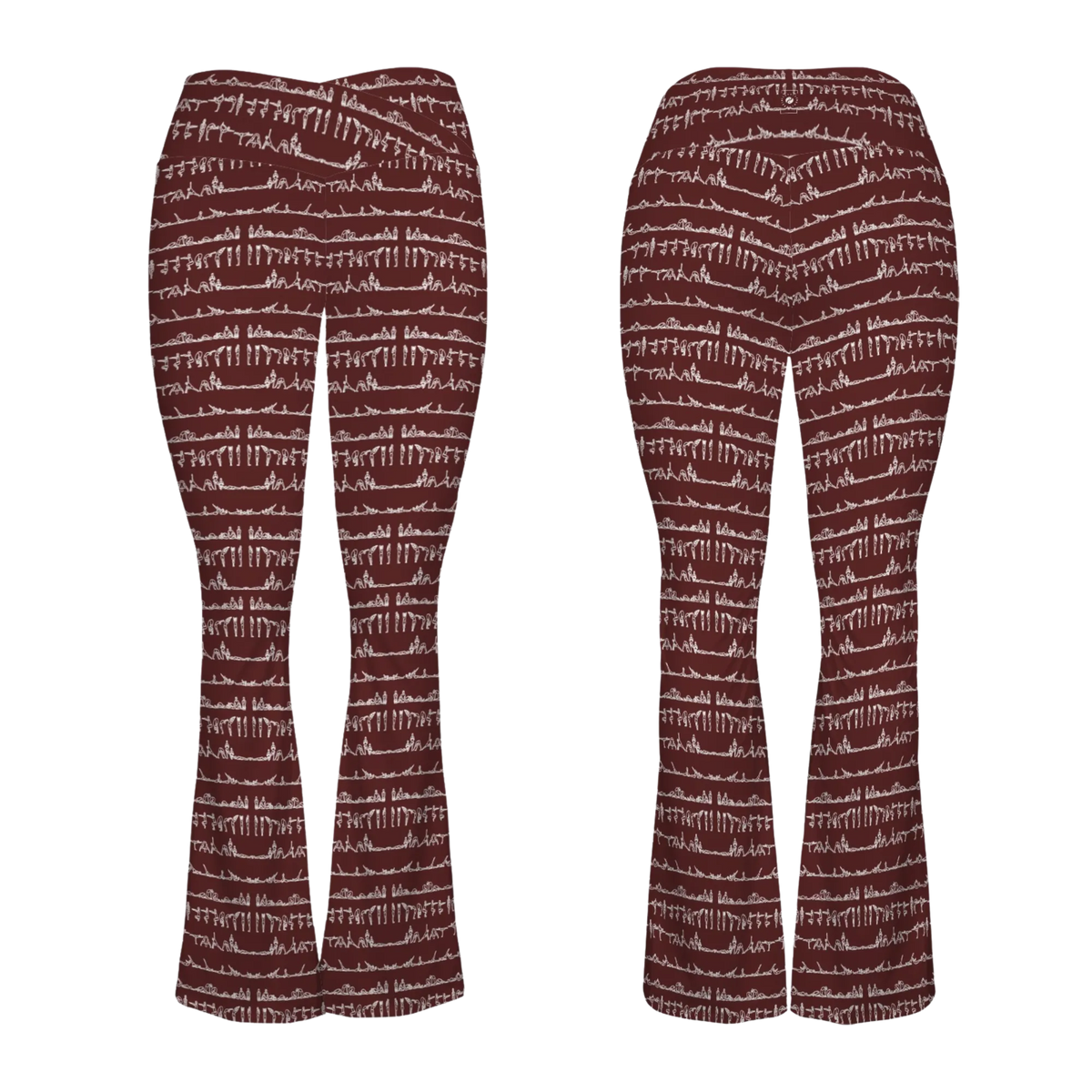 Bikram Ember Cross Waisted Flare Leggings in burgundy with white abstract design; features flared legs and crossover waistband.