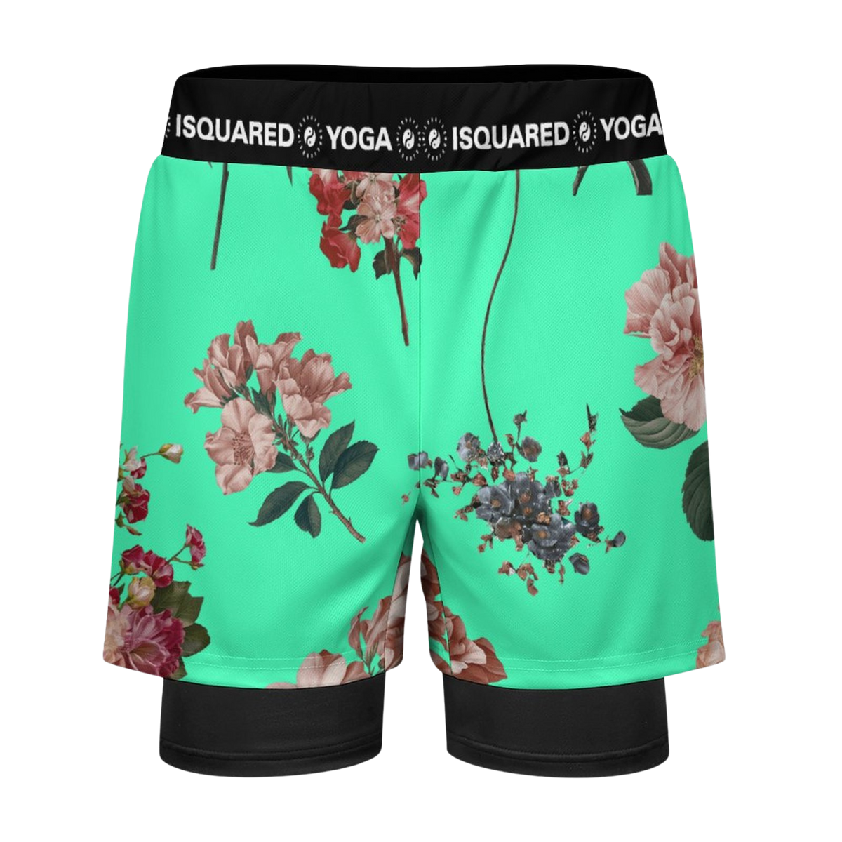 Compression yoga shorts in refreshing turquoise with vibrant floral patterns, featuring a black elastic waistband.