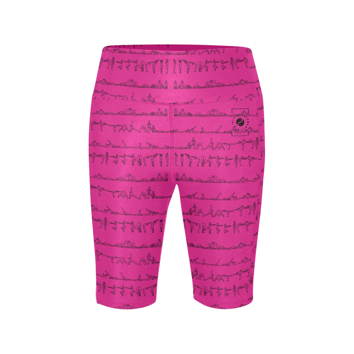 High-waisted biker shorts in vibrant pink, featuring a black artistic yoga posture print along the fabric.