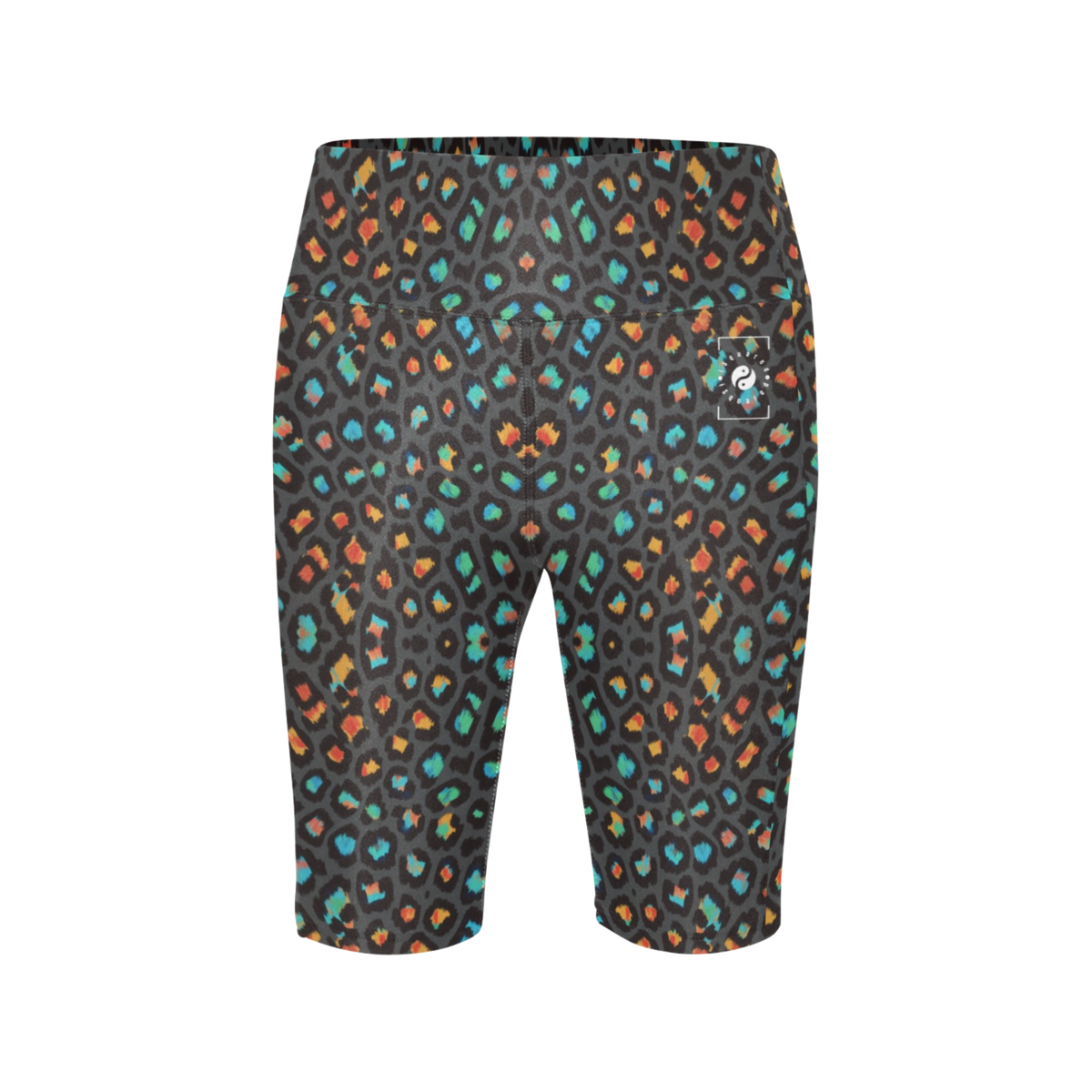 High-waisted biker shorts featuring a vibrant multicolor leopard print on a black background, with a side pocket.