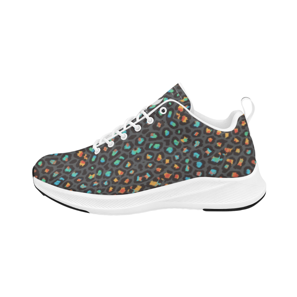 Men's runners featuring a colorful leopard print with black, orange, and teal accents on a dark background and white sole.