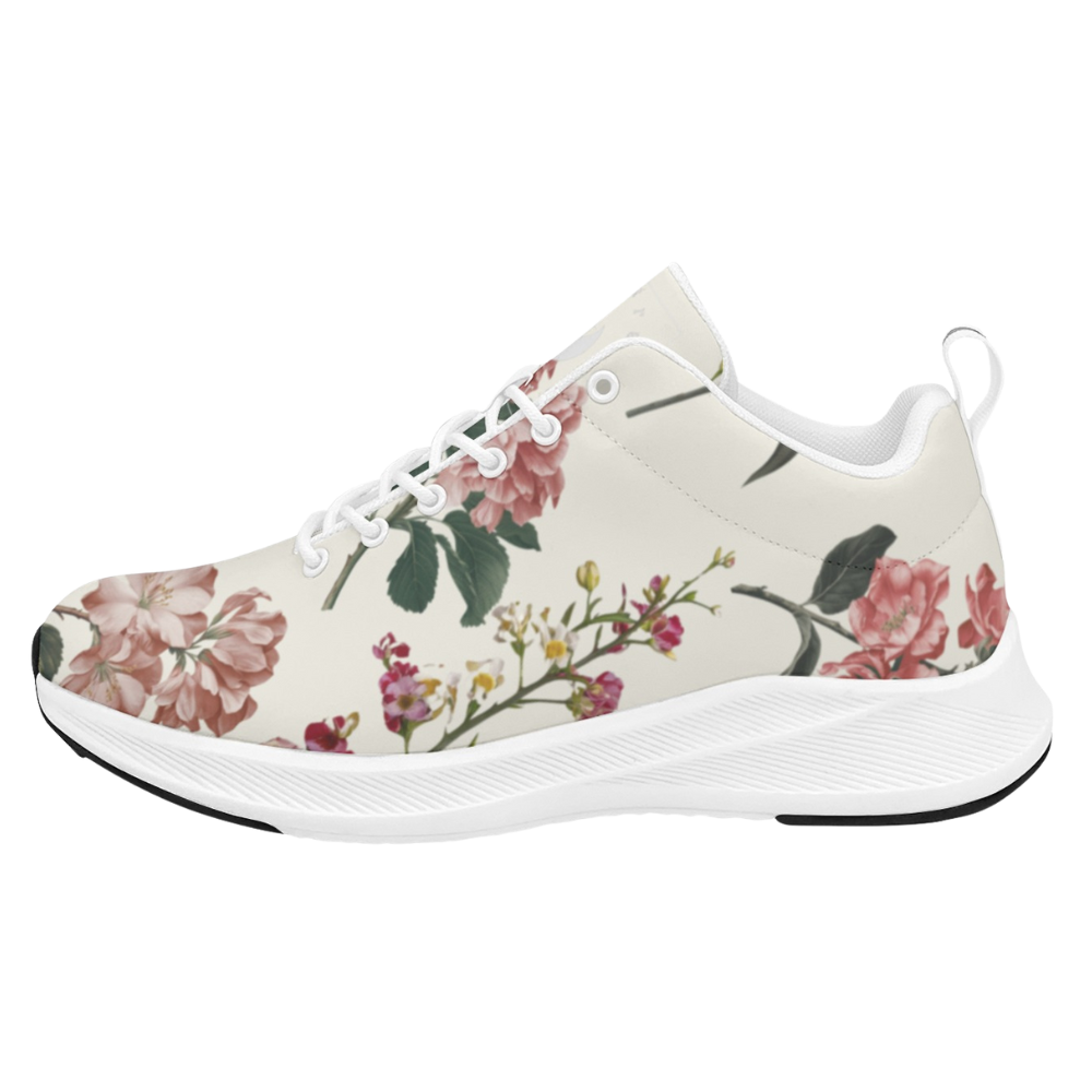 Women's iSquared Runners in a floral design featuring pink and green patterns on a cream background, with white soles.