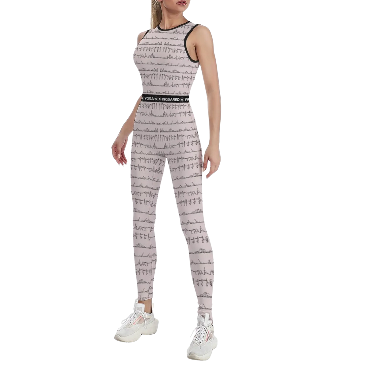 Sleeveless pastel jumpsuit with a subtle grey and black pattern, body-hugging fit, and elastic waistband.