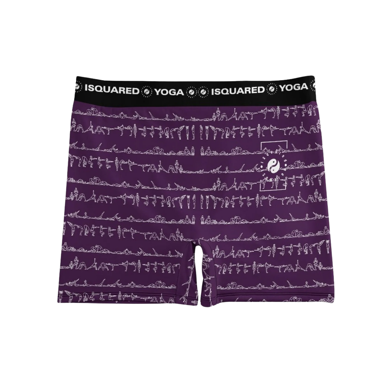 Purple shorts featuring a white yoga pose pattern, an elastic waistband with "iSquared Yoga" branding, and a comfortable fit.