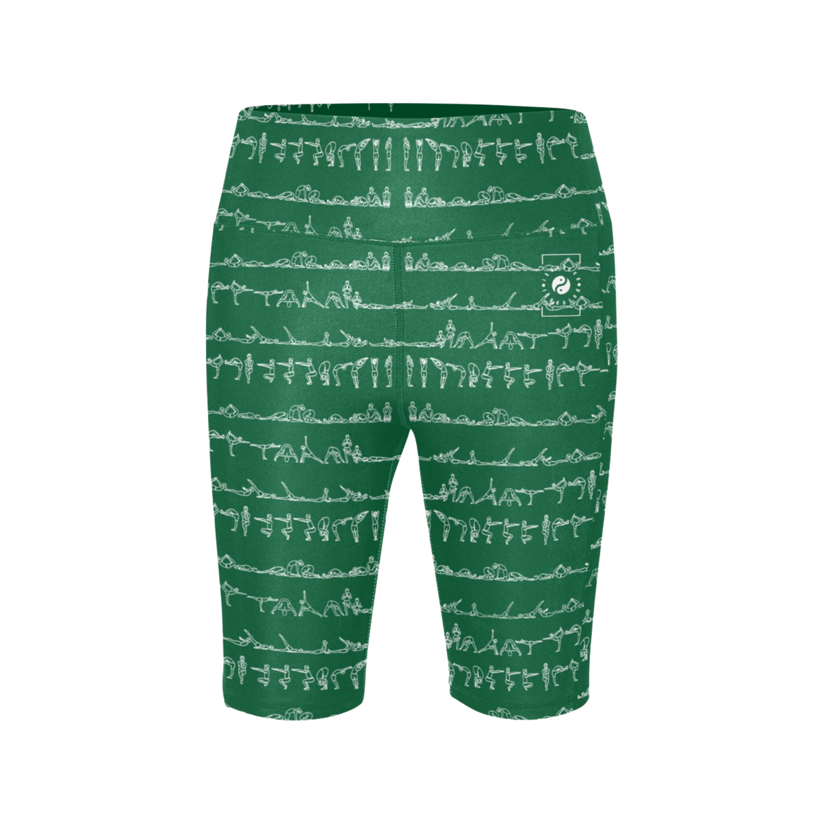 Bikram Ember iSquared Maureen Shorts in dark green feature yoga poses in white, high-waisted biker length for comfort.