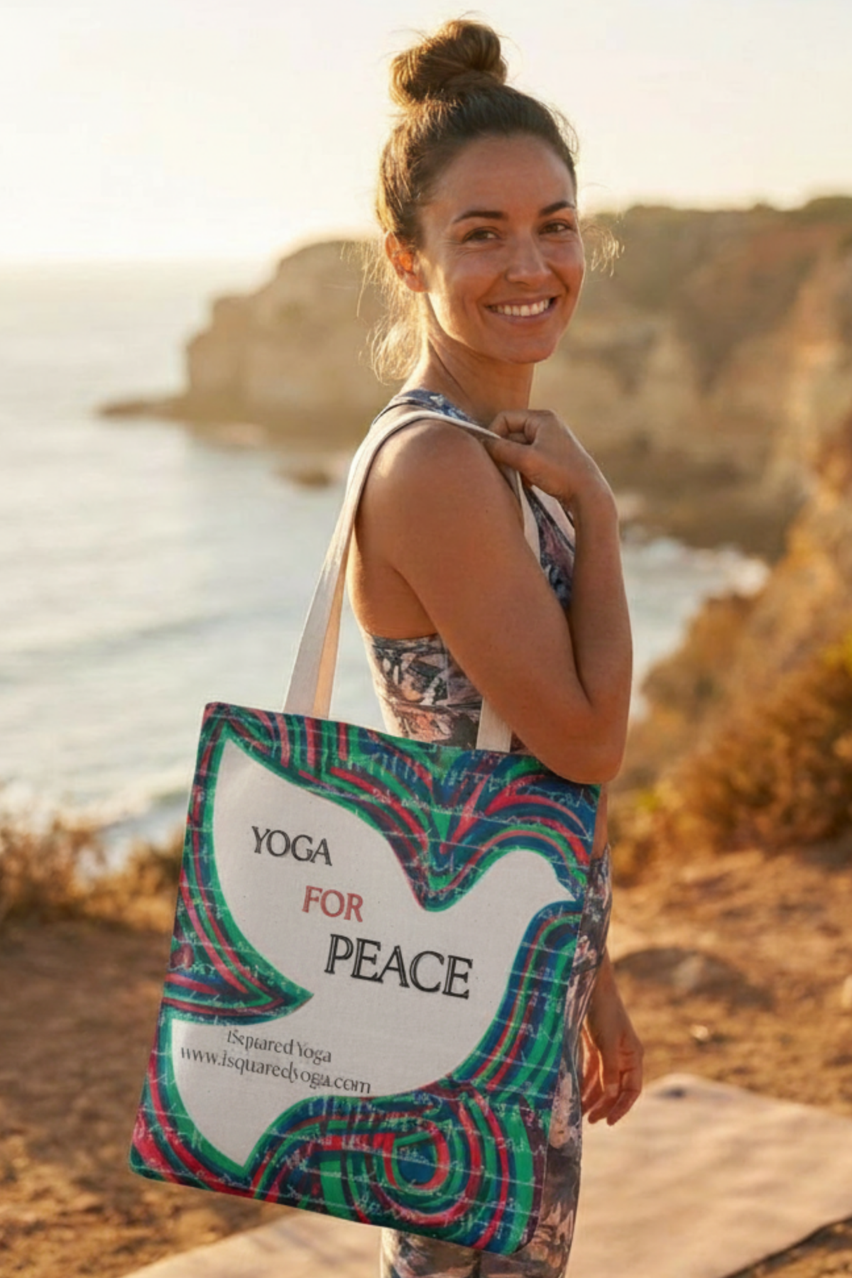 Yoga For Peace iSquared tote bag in 100% cotton canvas with double-sided peace print and shoulder straps