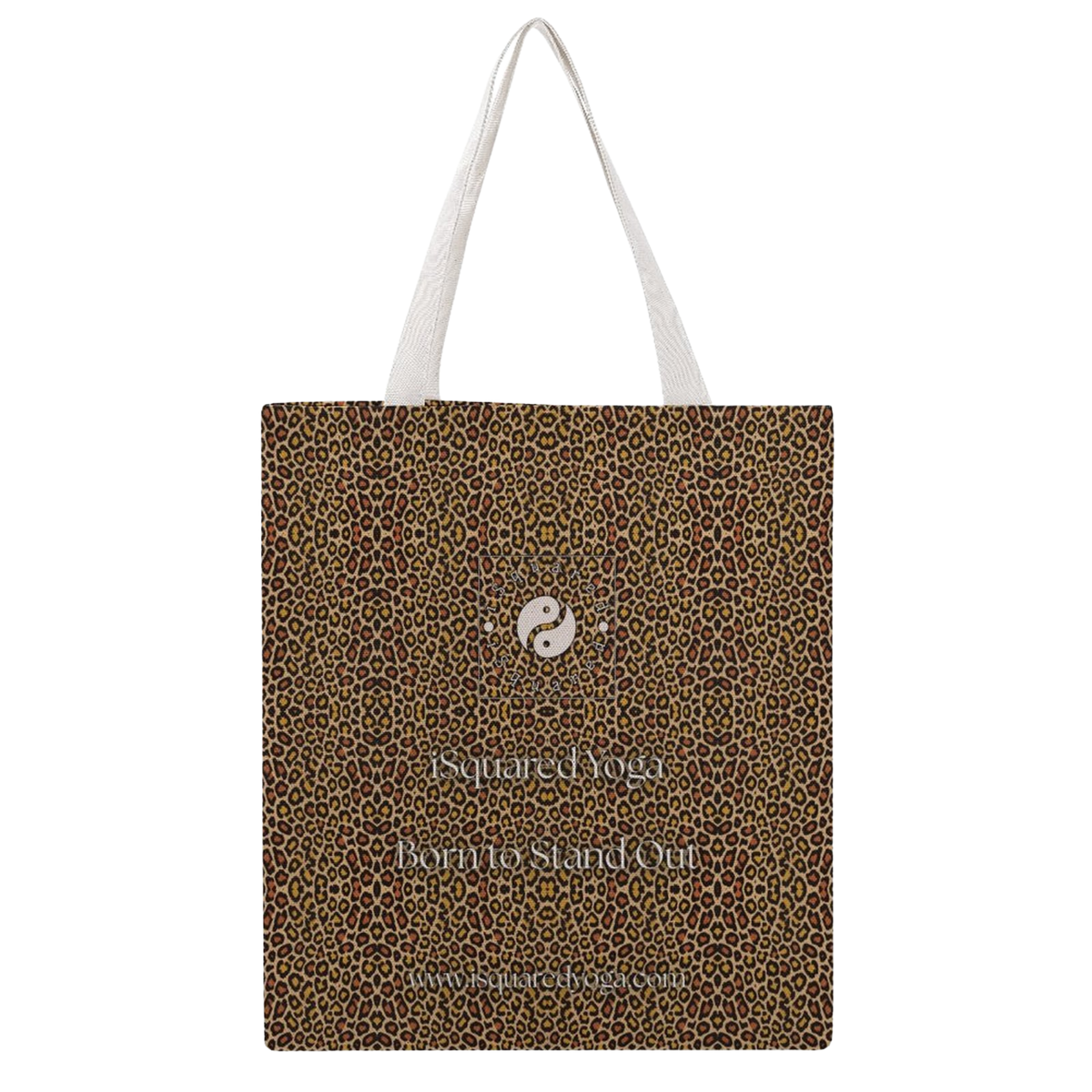Leopard print tote bag with white shoulder straps, featuring a yin-yang logo and a spacious, stylish design.