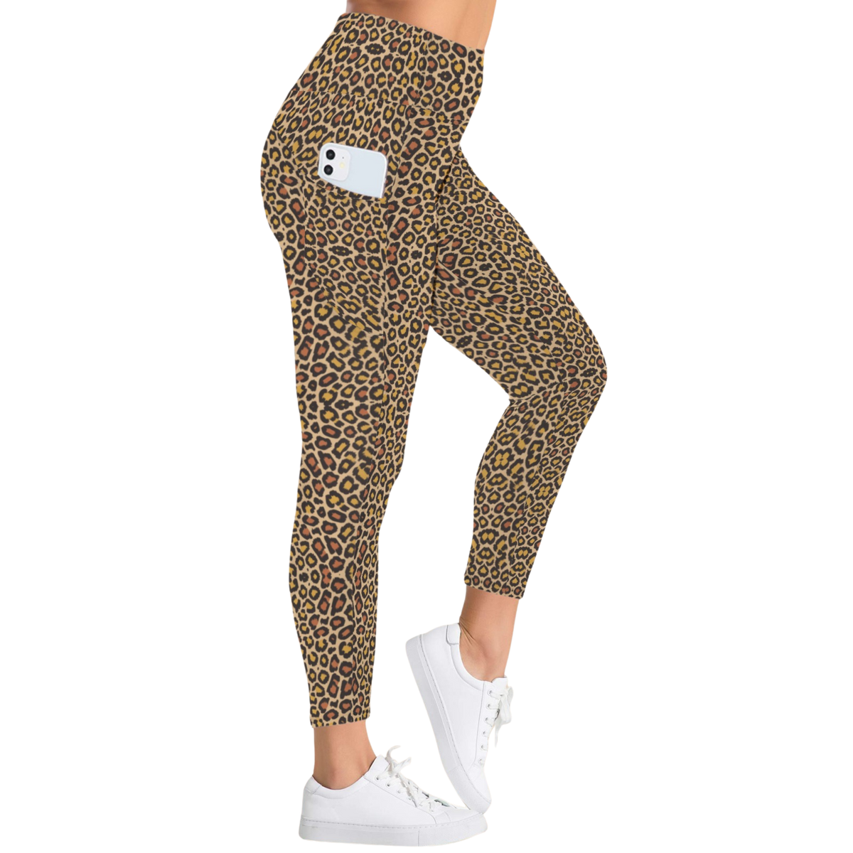 High-rise leopard print leggings with side pocket, fitted design, paired with white sneakers.