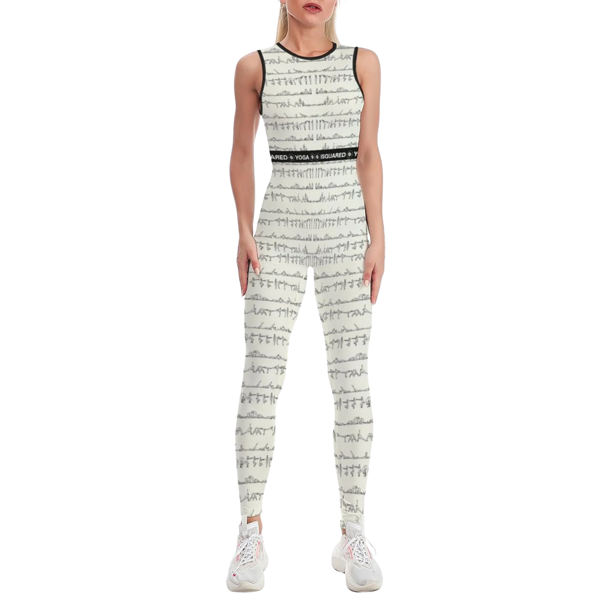 Sleeveless ivory jumpsuit with a Bikram yoga print, fitted silhouette, and a black logo band at the waist.