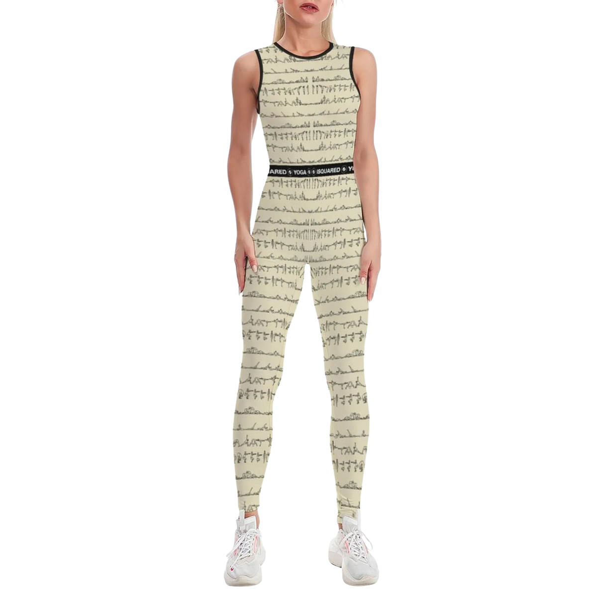 Sleeveless jumpsuit in pastel beige with a textured pattern, featuring a fitted silhouette and soft fabric.