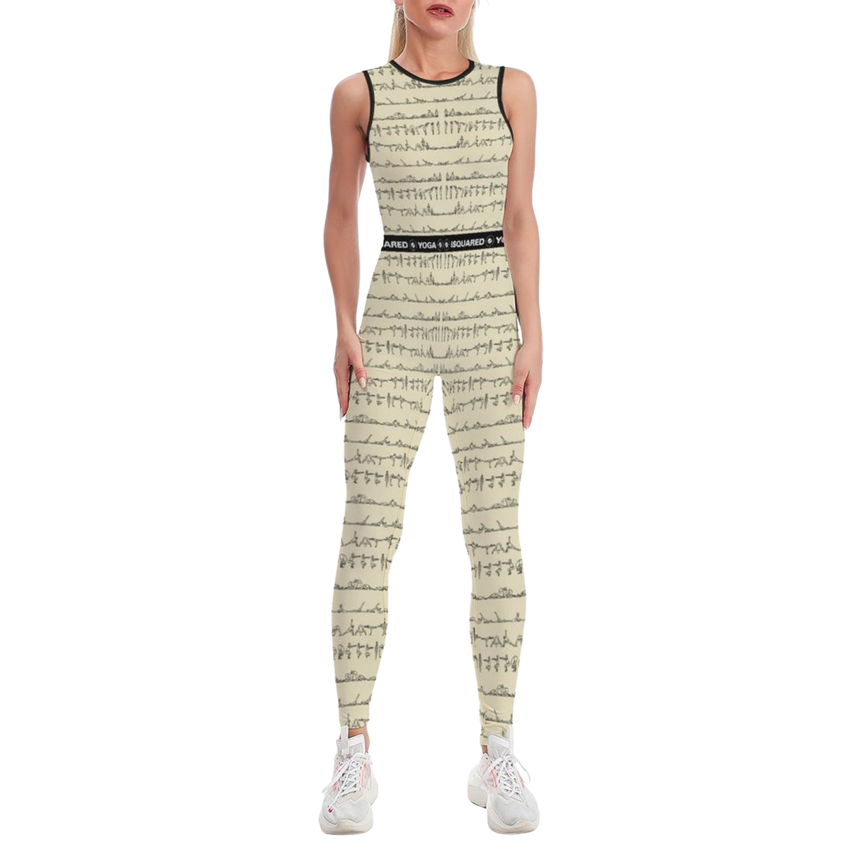 Sleeveless jumpsuit in pastel beige with a textured pattern, featuring a fitted silhouette and soft fabric.