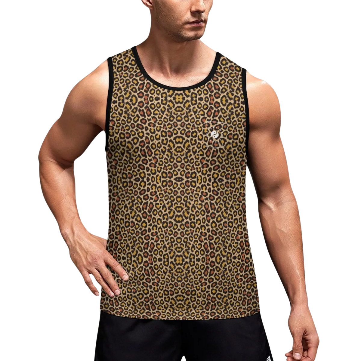 Sleeveless iSquared Tank Top in classic leopard print, featuring gold and black spots, tailored for a modern fit.