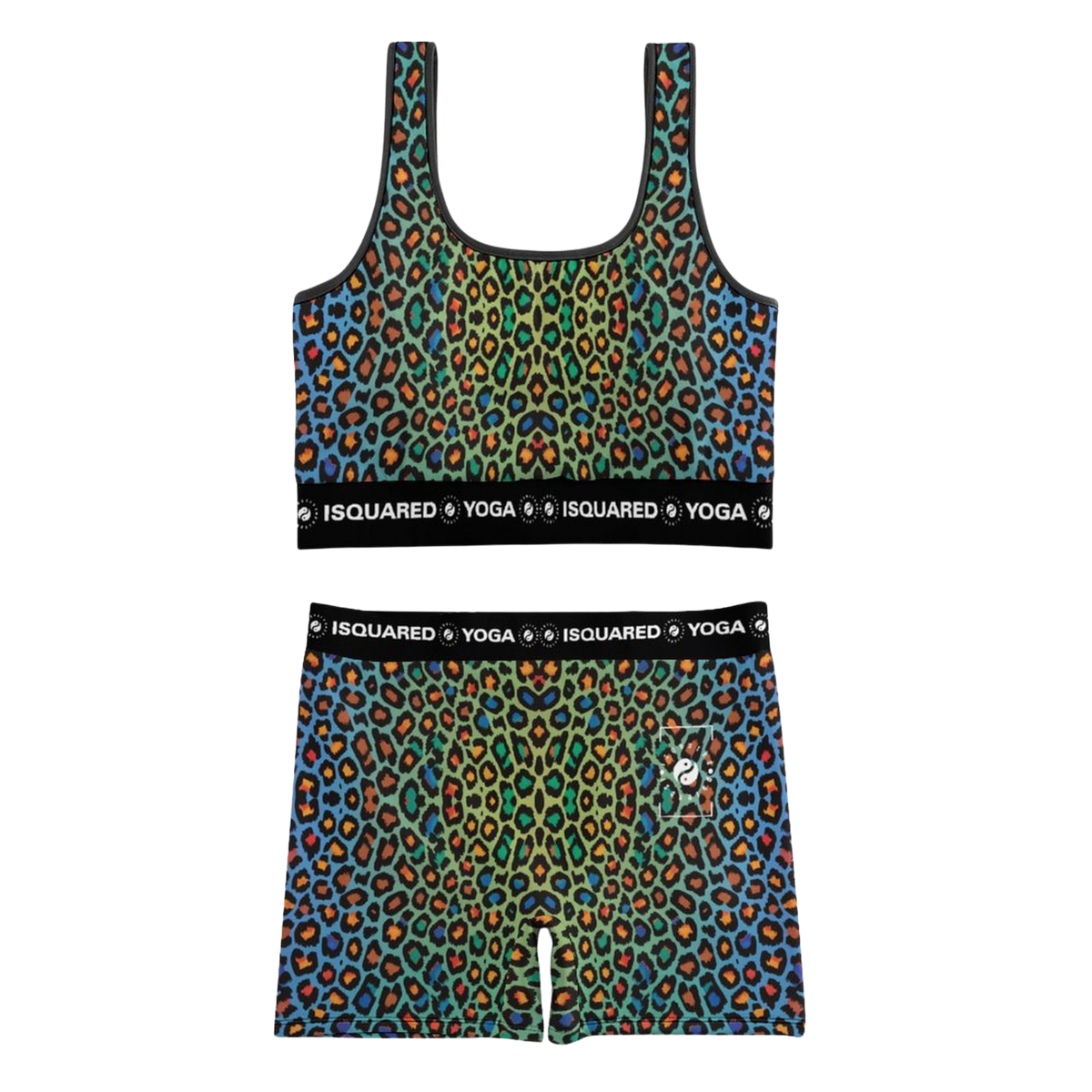 Colorful leopard print yoga set featuring a cropped tank and fitted shorts with a black waistband.