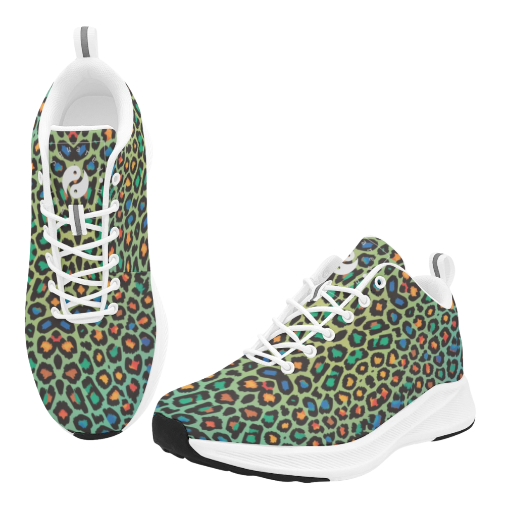 Colorful green sneakers featuring a vibrant leopard print with shades of orange and blue accents, ideal for casual wear.