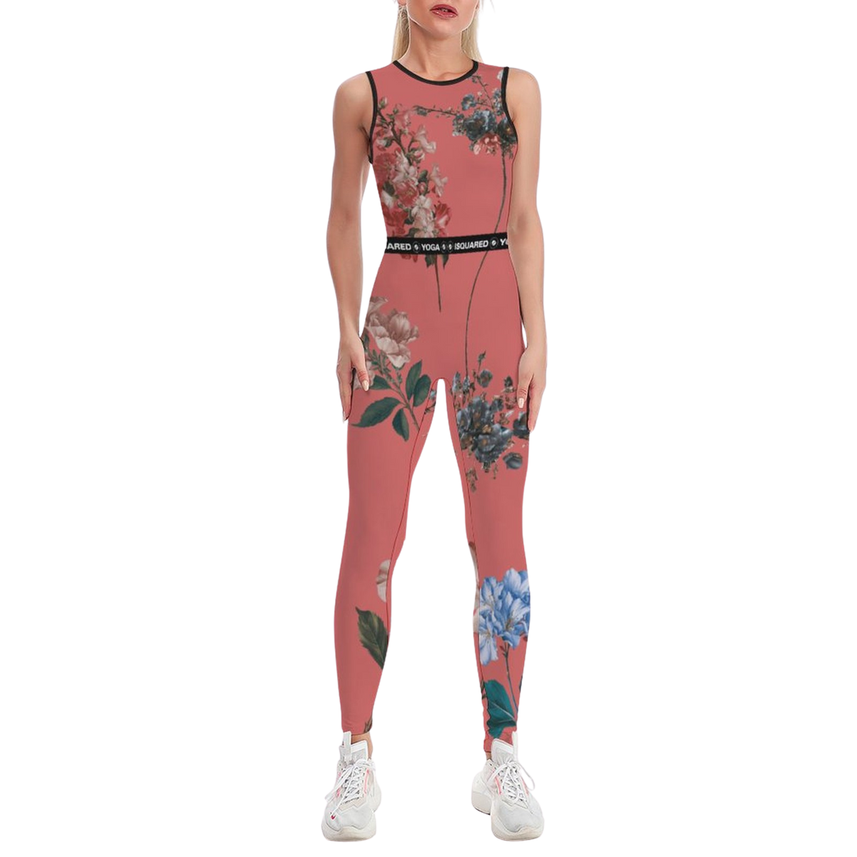 Sleeveless, coral jumpsuit featuring floral patterns, body-contouring fit, and a supportive waistband.