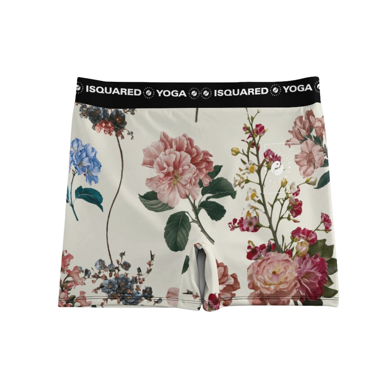 Floral-patterned iSquared Yoga Shorts with a wide black waistband, featuring vibrant pinks and blues on a cream background.