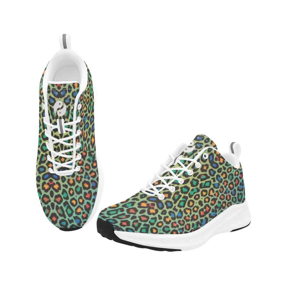 Colorful, sleek running shoes featuring a Wild Leopards design in vibrant greens, blues, and oranges with white accents.