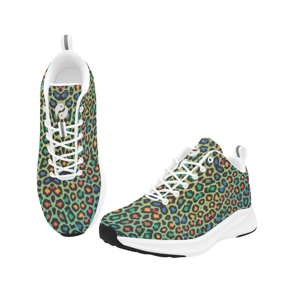 Colorful, sleek running shoes featuring a Wild Leopards design in vibrant greens, blues, and oranges with white accents.