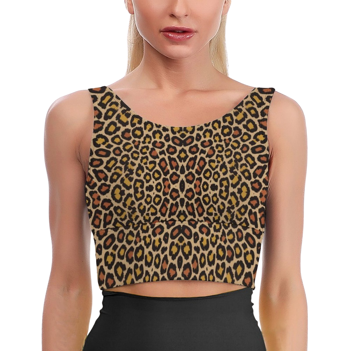 Cropped top in classic leopard print, featuring soft fabric and a U-shaped back design, paired with black high-waisted bottoms.
