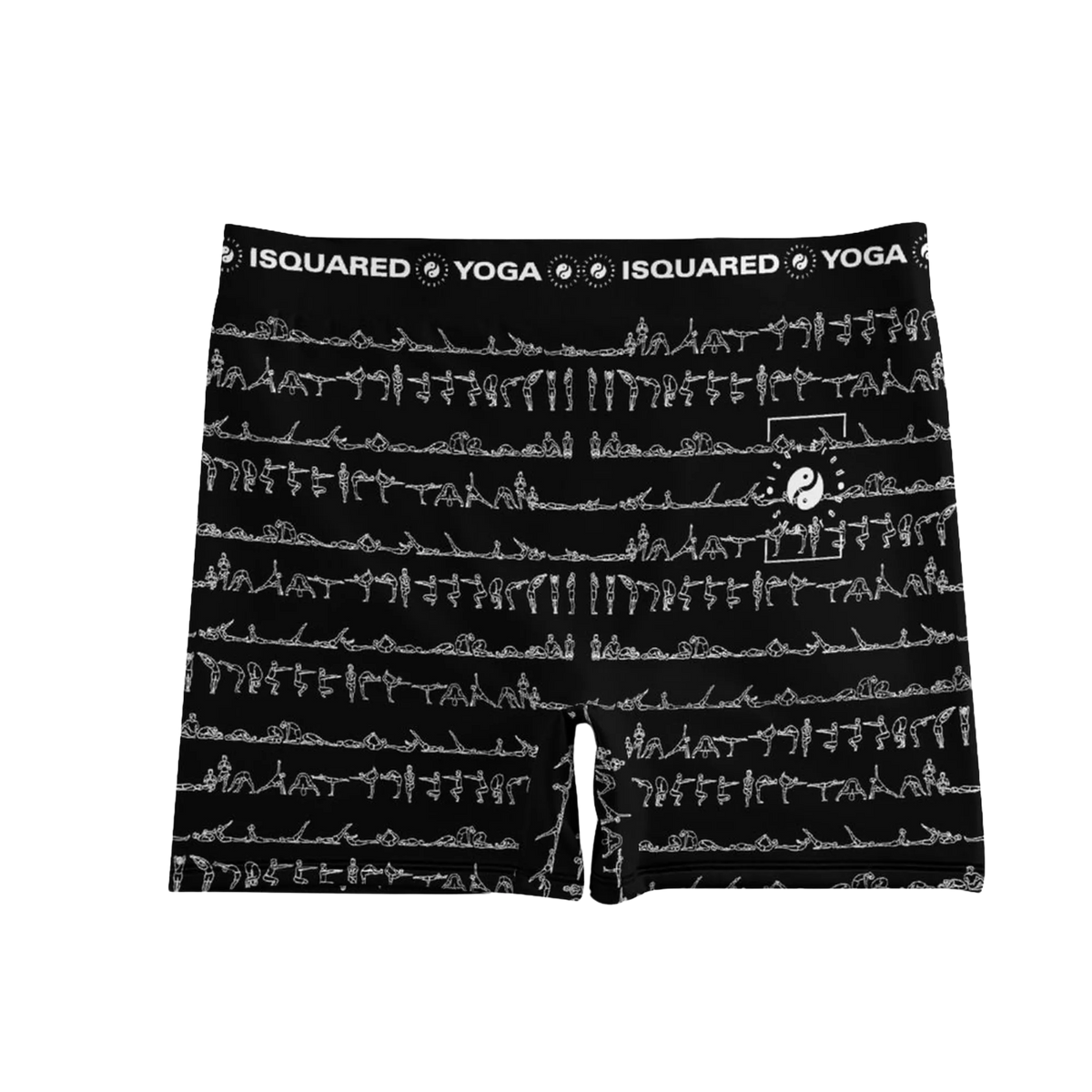 Black iSquared Yoga shorts featuring a repetitive white graphic design of yoga postures, with a wide elastic waistband.