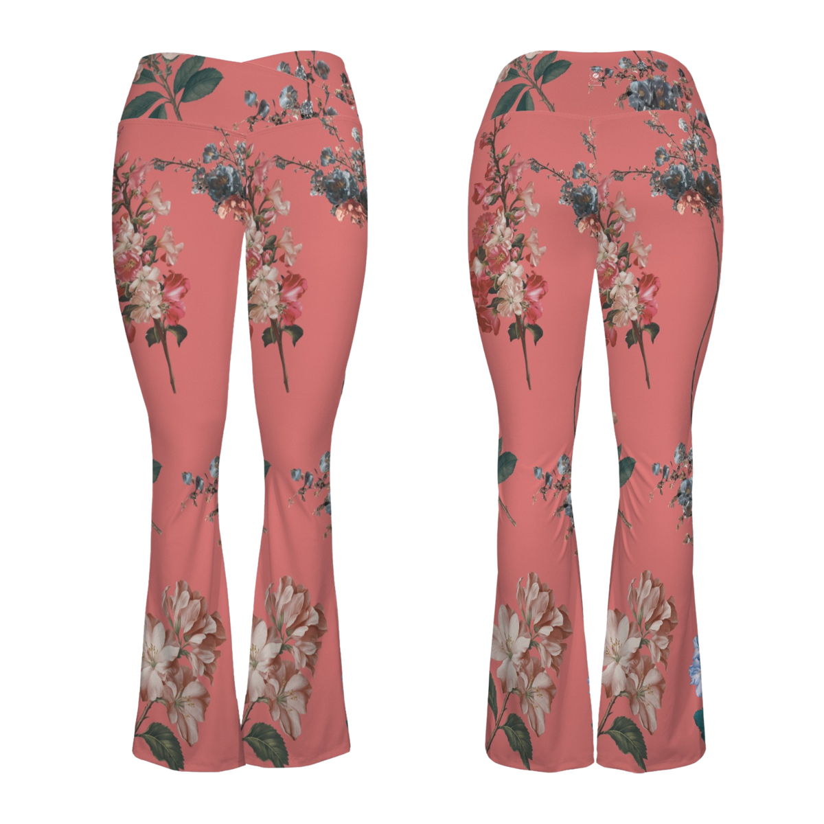 Coral Cross Waisted Flair Leggings featuring floral patterns in pinks and blues, designed for a snug fit and comfort.