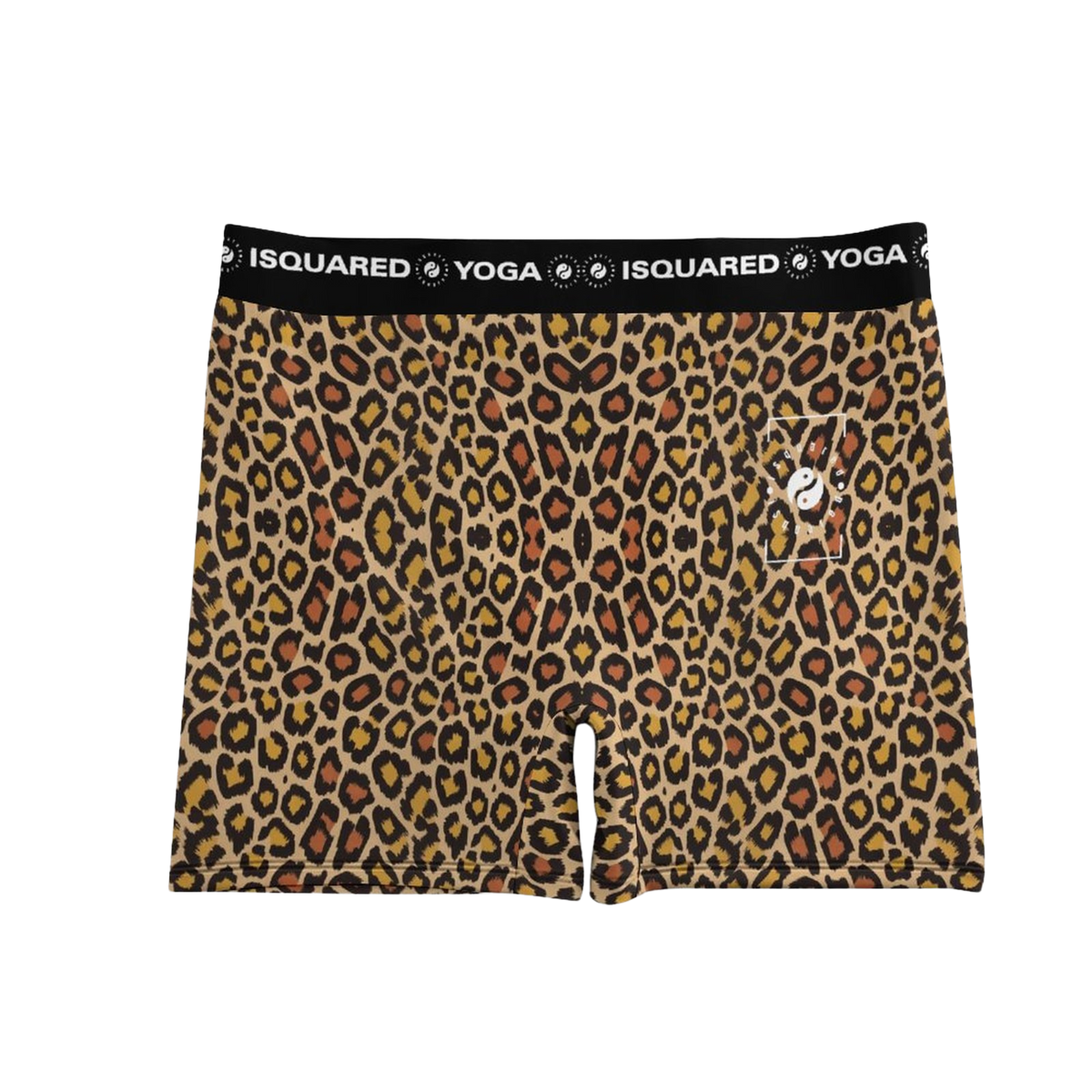 Wild Leopards iSquared Yoga Shorts feature a classic leopard print with golden and black spots, designed for unisex fit.