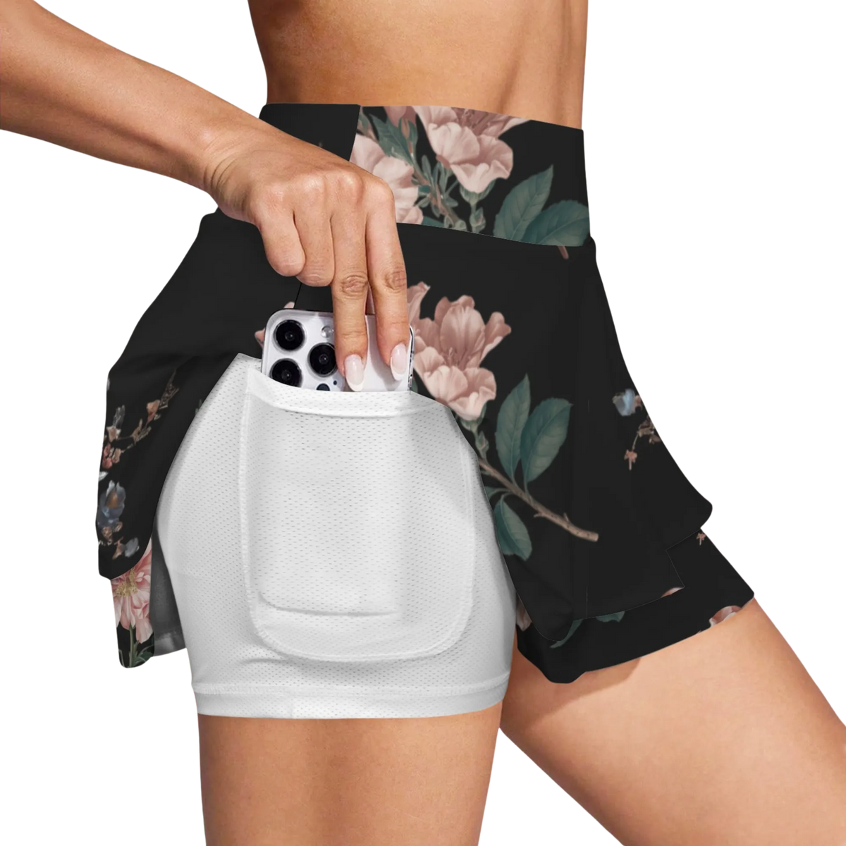 Botanicals iSquared Ruffle Skirt with high waist, layered ruffle hem, and built-in shorts in botanical print