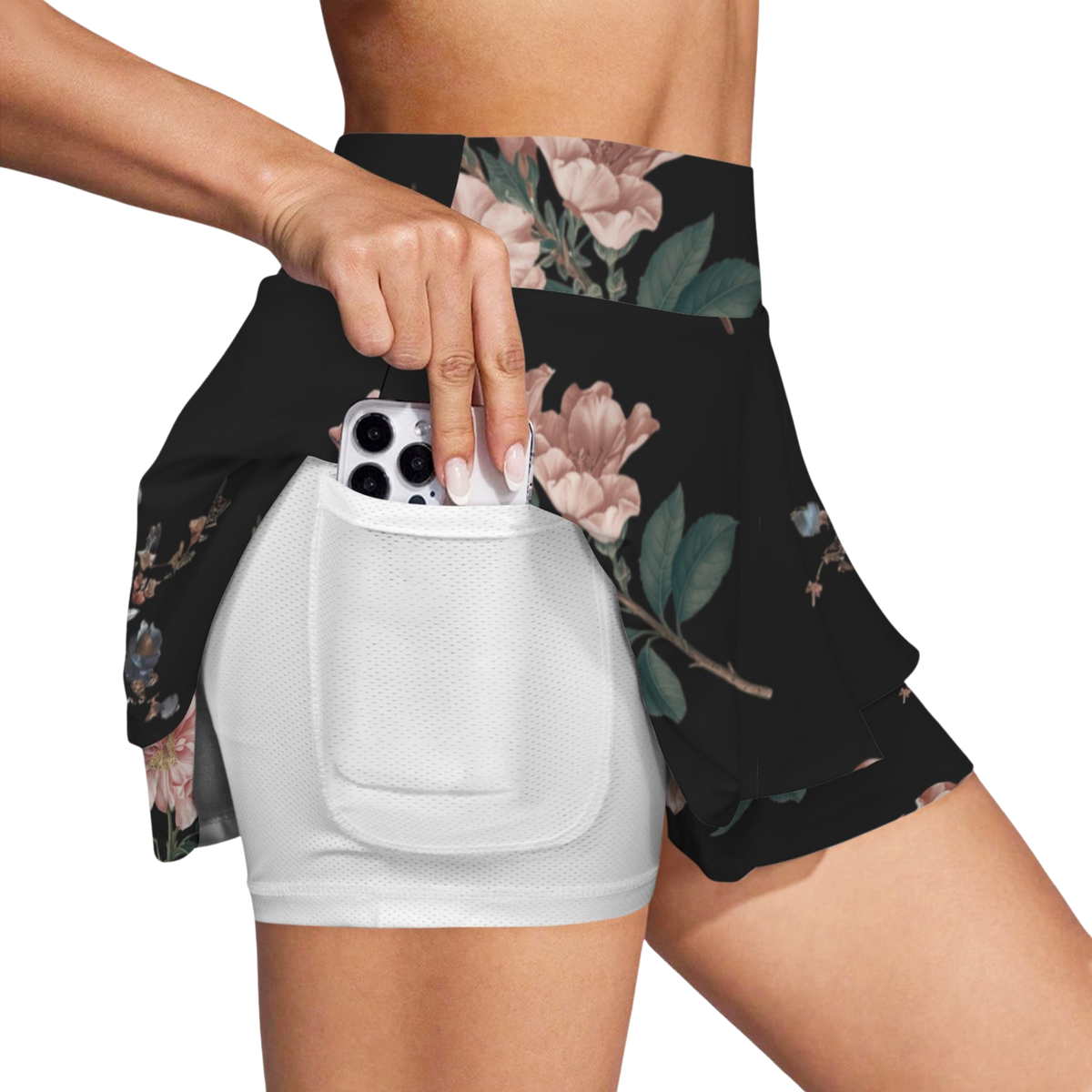 Botanicals iSquared Ruffle Skirt with high waist, layered ruffle hem, and built-in shorts in botanical print