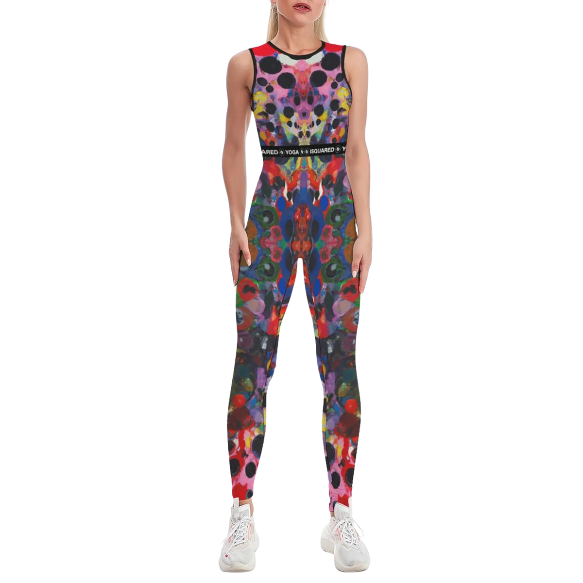 Sleeveless athletic jumpsuit in a colorful abstract design, fitted silhouette, showcasing a bold pattern and seamless design.