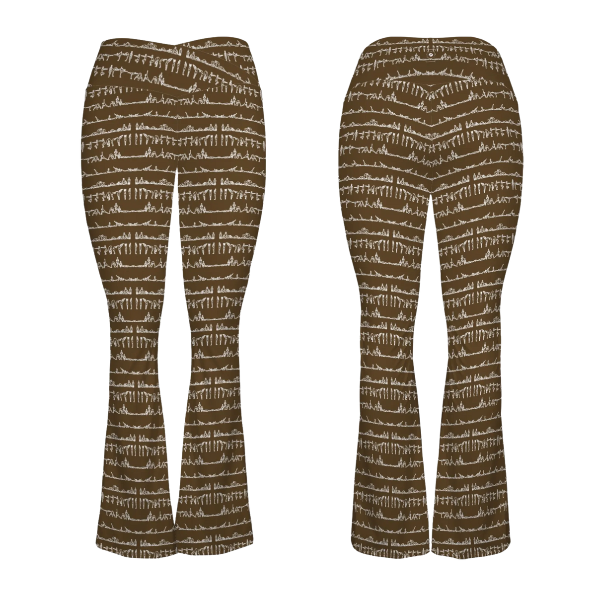 Brown flared leggings with a white abstract pattern, featuring a crossover waistband for a secure fit.