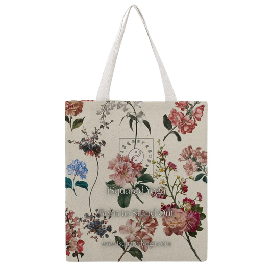Botanicals iSquared Tote Bag featuring colorful floral prints on a light background with white shoulder straps.