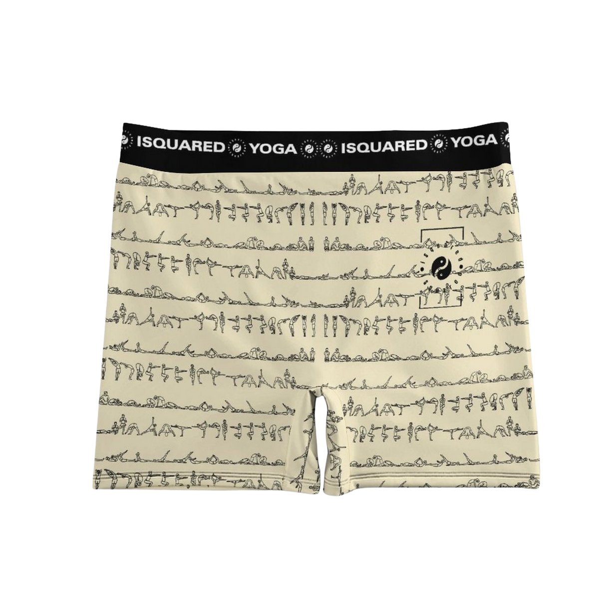 Bikram Pastel iSquared Yoga Shorts in beige with black yoga pose pattern and waistband, featuring a comfortable fit.
